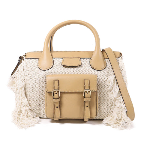 Chloe GHW Edith Fringe 2 Way Bag Leather/Cotton/Polyester White/Brown