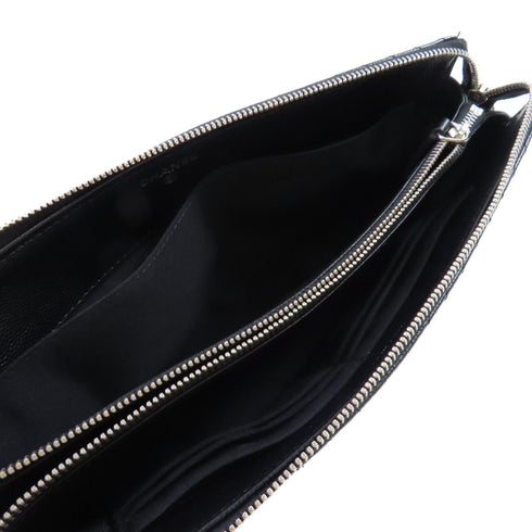 CHANEL Herringbone SHW CC Clutch Bag Pouch Calfskin Leather Black