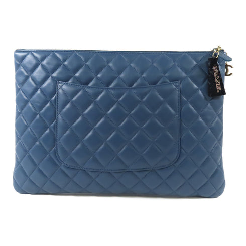 CHANEL CC GHW Pouch Clutch Bag Lambskin Leather Dark Blue