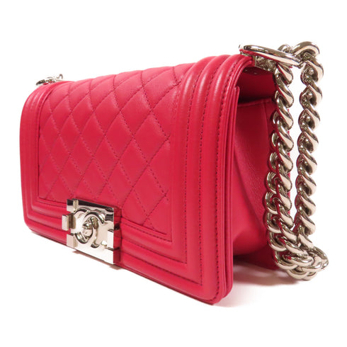 CHANEL Quilted CC SHW Boy 20 Chain Shoulder Bag Lamskin Leather Pink