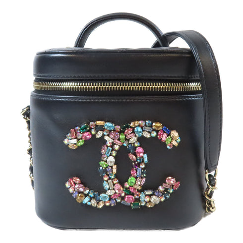 CHANEL Quilted CC GHW Crystal Mania Vanity Case 2way Bag Lambskin Leather Black