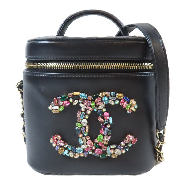 CHANEL Quilted CC GHW Crystal Mania Vanity Case 2way Bag Lambskin Leather Black