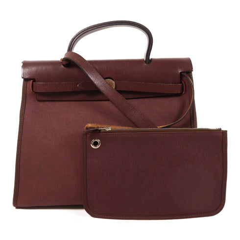 HERMES PHW Herbag PM 2 Way Shoulder Bag Canvas/Calfskin Leather Brown