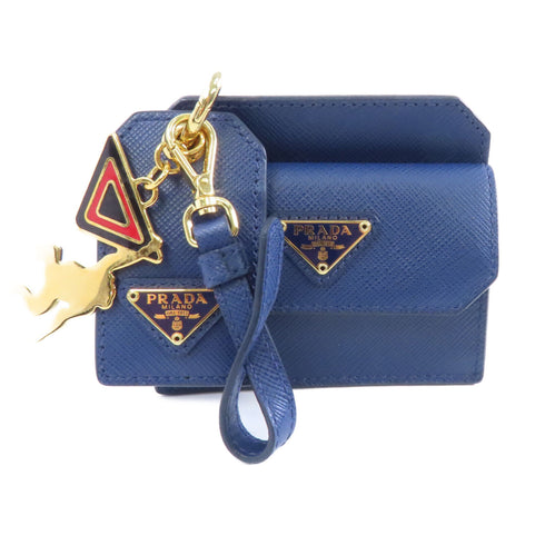 PRADA GHW Card Case Charm Saffiano Leather Blue