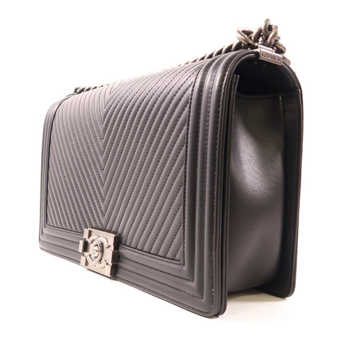 CHANEL CC SHW Boy 28 Chain Shoulder Bag Lambskin Leather Black 92193