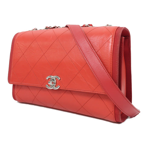 CHANEL Quilted CC SHW Chain Shoulder Bag Lambskin Leather Red