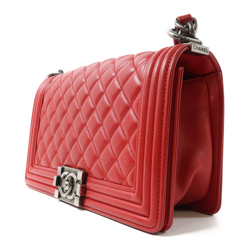 CHANEL Quilted CC Boy 25cm Chain Shoulder Bag Calfskin Leather Red