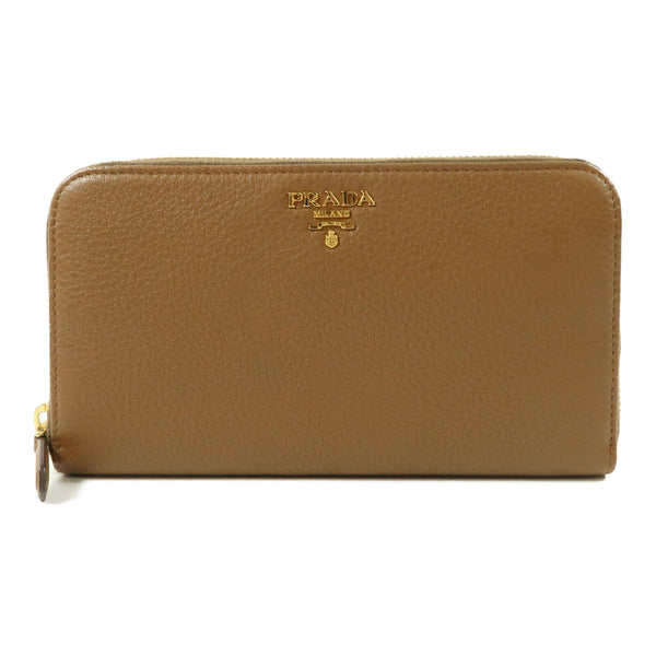PRADA GHW Zipper Long Round Wallet Calfskin Leather Brown