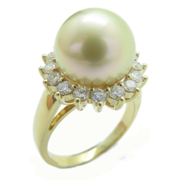 FINE JEWELRY 11.5mm Pearl Diamond Ring 18K Yellow Gold US#6.25