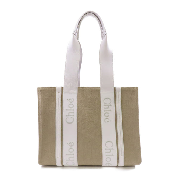 Chloe Medium Woody Tote Bag Handbag Canvas Beige White