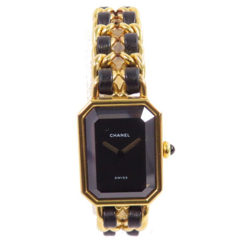 CHANEL GHW Premiere L Quartz Watch SS Leather Gold Plated H0001 Black v2