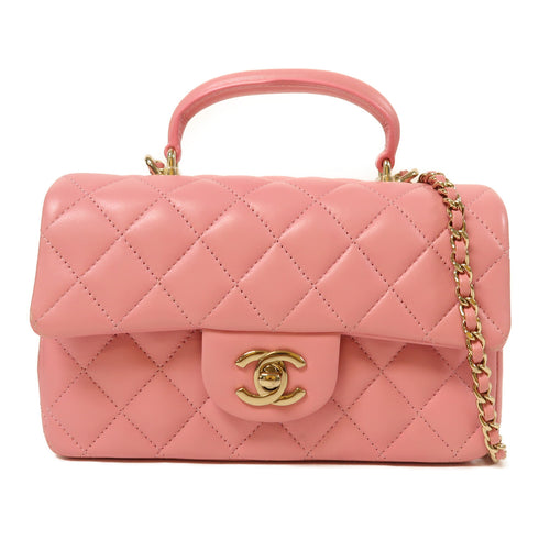 CHANEL CC GHW Mini Flap bag with Top Handle 2 Way Bag Lambskin Leather Pink