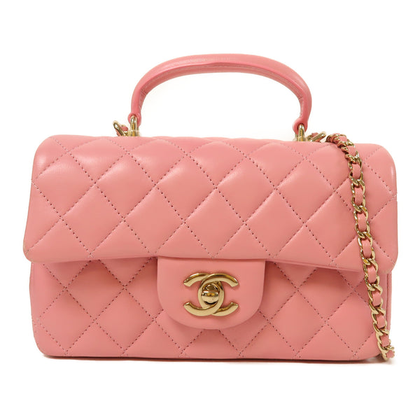 CHANEL CC GHW Mini Flap bag with Top Handle 2 Way Bag Lambskin Leather Pink