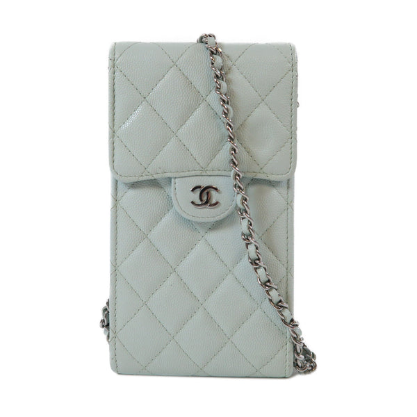 CHANEL Quilted CC SHW Phone Bag Chain Shoulder Bag Calfskin Leather Light Green