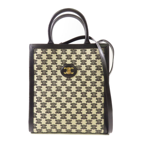 CELINE GHW 2 Way Shoulder Bag Canvas Leather Beige Black