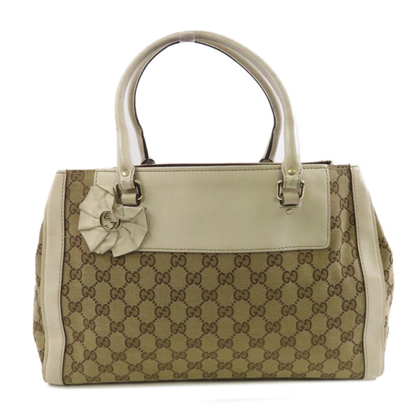 GUCCI GG GHW Trophy Tote Bag Handbag 190246 Canvas Leather Brown White