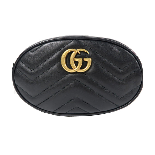 GUCCI Herringbone GG GHW GG Marmont Waist Bag 476434 Calfskin Leather Black