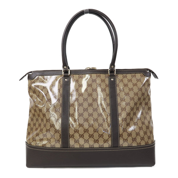 GUCCI GG GHW Crystal Shopping Shoulder Tote Bag Coated Canvas Brown