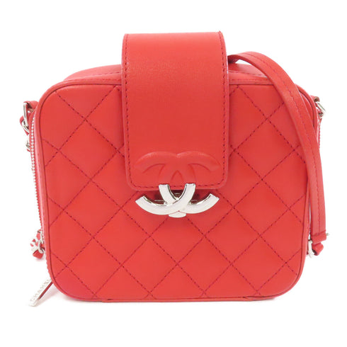 CHANEL Quilted CC SHW Chain Shoulder Bag Crossbody Calfskin Leather Red