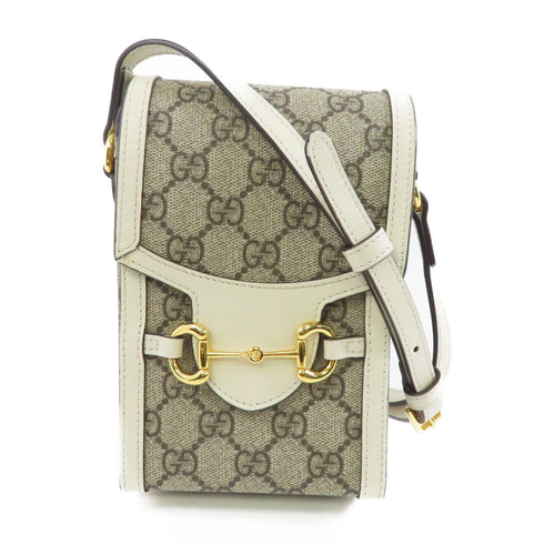 GUCCI GHW GG Supreme Horsebit Mini Shoulder Bag 625615 Coated Canvas Brown White