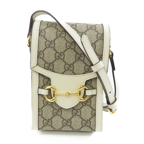 GUCCI GHW GG Supreme Horsebit Mini Shoulder Bag 625615 Coated Canvas Brown White