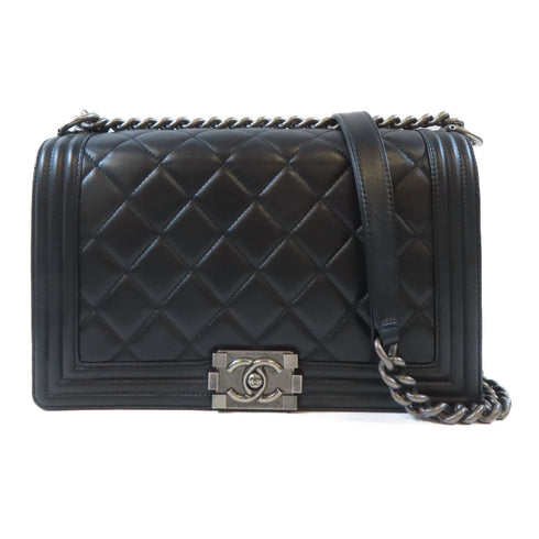 CHANEL Quilted CC Boy Chanel Chain Shoulder Bag Lambskin Leather Black