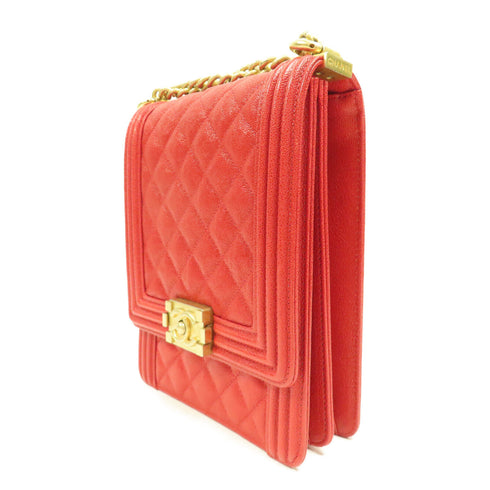 CHANEL CC Quilted GHW Boy Chain Shoulder Bag Calfskin Leather Red