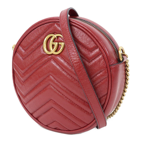GUCCI GG GHW GG Marmont Round Chain Shoulder Bag 550154 Calfskin Leather Red