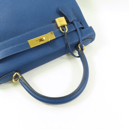HERMES GHW Kelly 28 Handbag 2 Way Shoulder Bag Clemence Leather Deep Blue