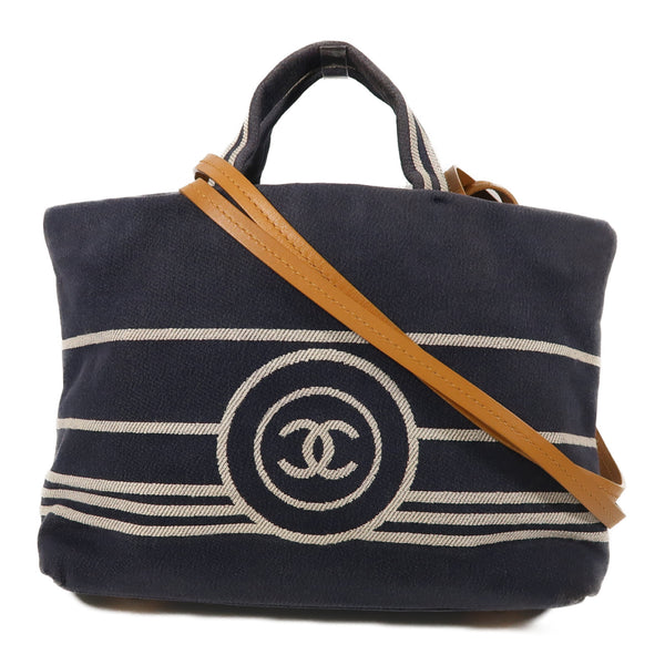 CHANEL CC 2 Way Tote Bag Canvas Blue/White/Brown