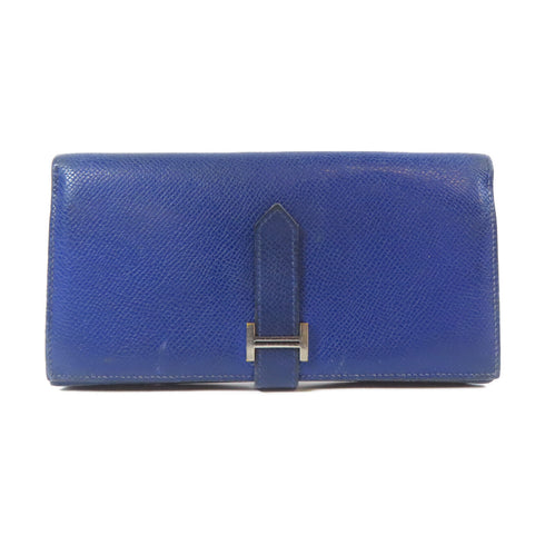 HERMES PHW Bearn W Snap Long Wallet Veau Epsom Leather Blue