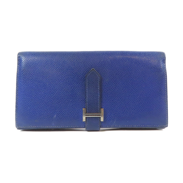HERMES PHW Bearn W Snap Long Wallet Veau Epsom Leather Blue