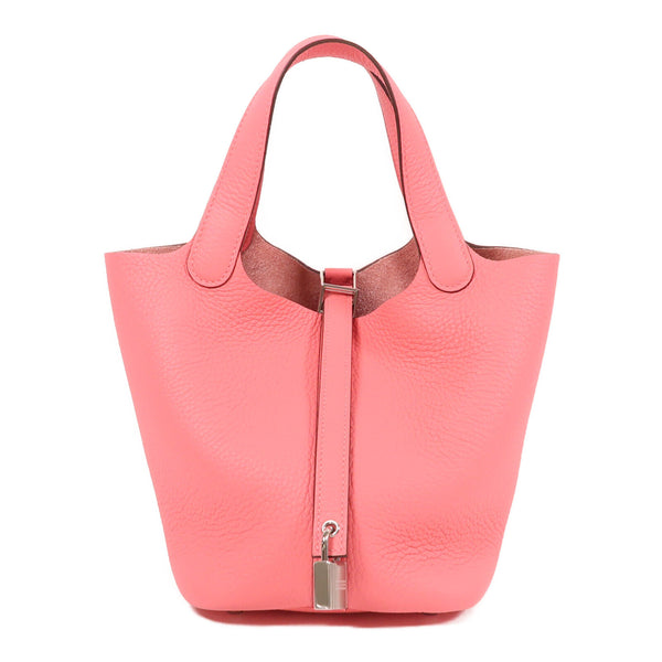 HERMES PHW Picotin PM Hand Bag/Bucket Tote Bag Clemence Leather Rose Azalee