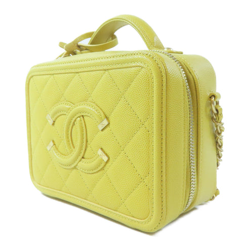 CHANEL Quilted CC GHW Vanity Case 2 Way Shoulder Handbag Caviar Leather Yellow