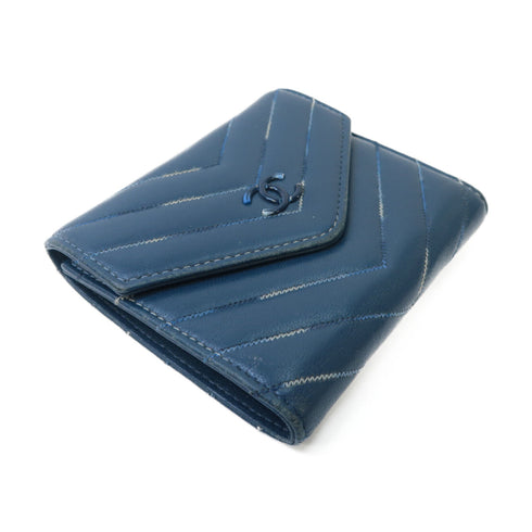 CHANEL Herringbone CC SHW Wallet Calfskin Leather Blue
