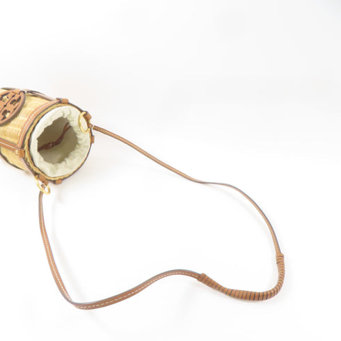 TORY BURCH GHW Miller Wicker Bucket Shoulder Bag Rattan/Leather Brown