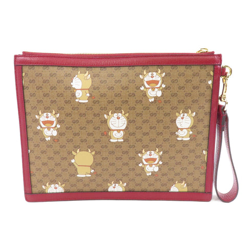 GUCCI GG GHW Gucci x Doraemon Clutch Bag 654503 Coated Canvas Brown Red