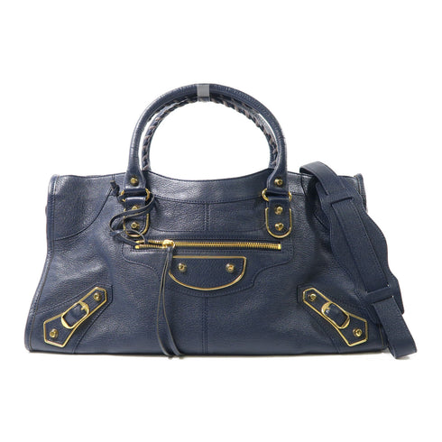 BALENCIAGA GHW Part Time 2 Way Shoulder Handbag 390159 Calfskin Leather Navy
