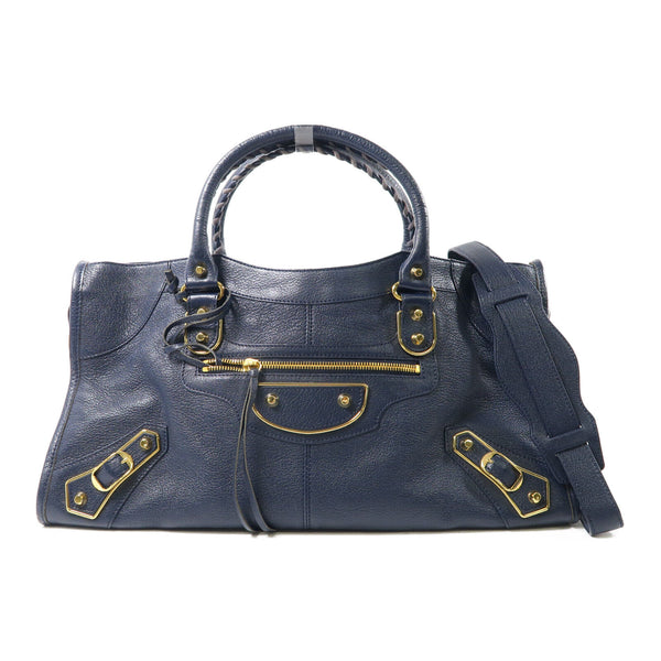 BALENCIAGA GHW Part Time 2 Way Shoulder Handbag 390159 Calfskin Leather Navy
