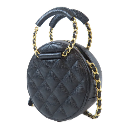 CHANEL Quilted CC GHW Round Chain Bag 2 Way Bag AP1176 Caviar Leather Black