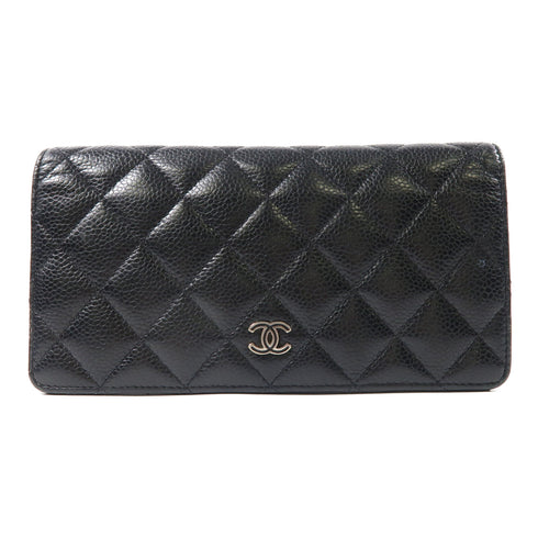 CHANEL Quilted CC SHW Long Wallet Calfskin Leather Black