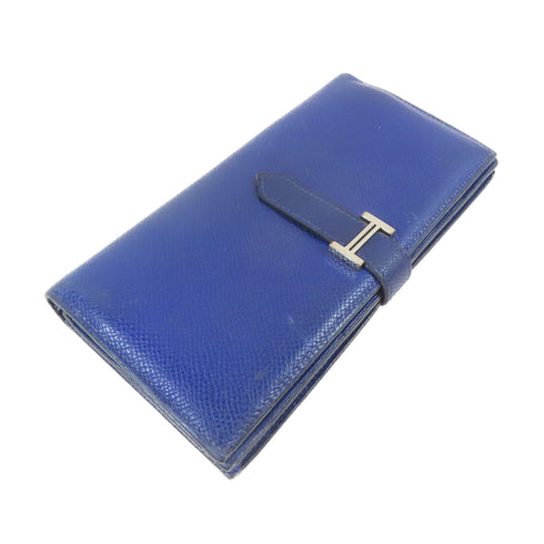 HERMES PHW Bearn W Snap Long Wallet Veau Epsom Leather Blue