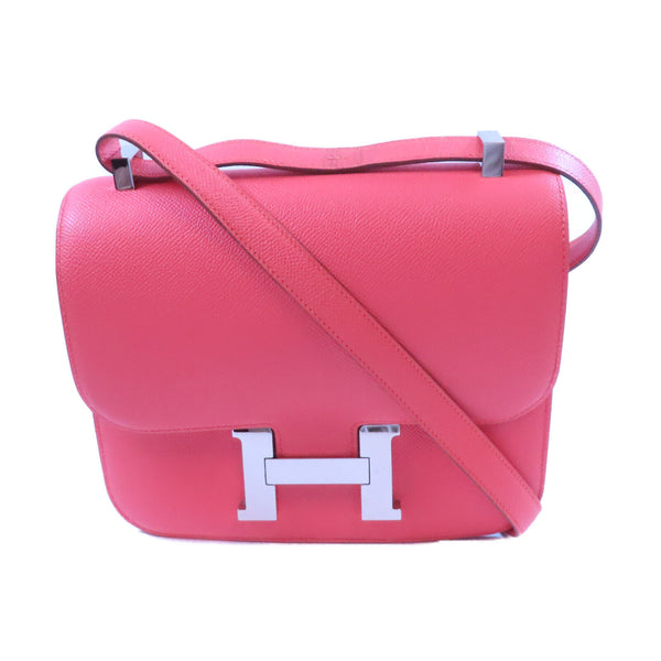 HERMES Epsom leather Constance 24 silver shoulder bag Flamingo/fire crane po...
