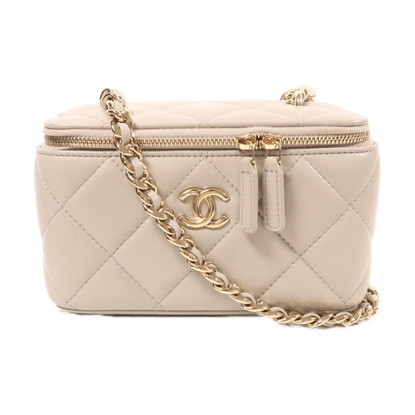 CHANEL CC GHW Vanity Case Chain Shoulder Bag Lambskin Leather Grey