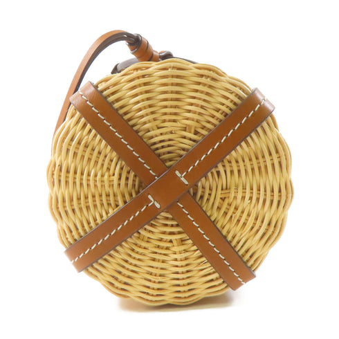 TORY BURCH GHW Miller Wicker Bucket Shoulder Bag Rattan/Leather Brown