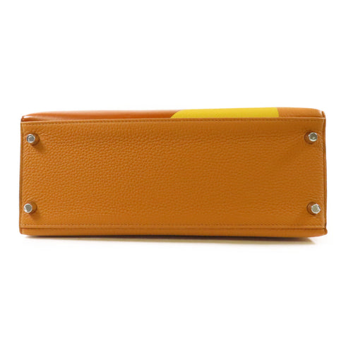 HERMES PHW Kelly 28 2 Way Bag Clemence Leather Brown/Yellow