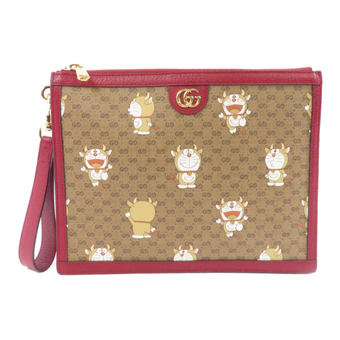 GUCCI GG GHW Gucci x Doraemon Clutch Bag 654503 Coated Canvas Brown Red