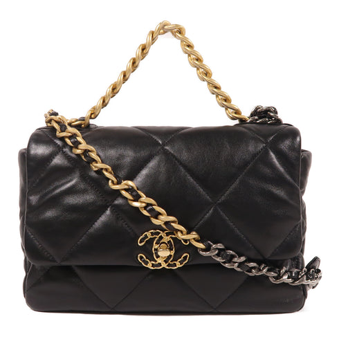 CHANEL CC C19 Large 2 Way Chain Shoulder Bag Lambskin Leather Black