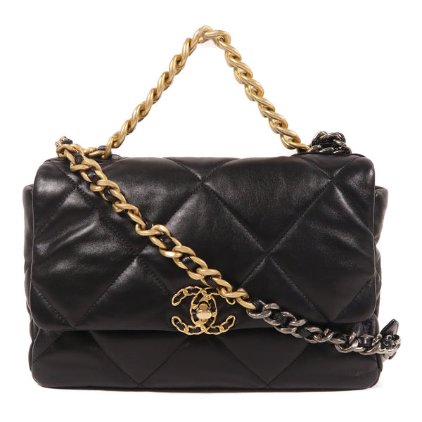 CHANEL CC C19 Large 2 Way Chain Shoulder Bag Lambskin Leather Black