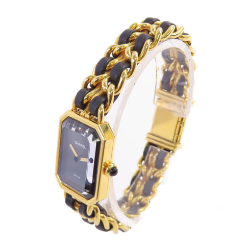 CHANEL GHW Premiere L Quartz Watch SS Leather Gold Plated H0001 Black v1
